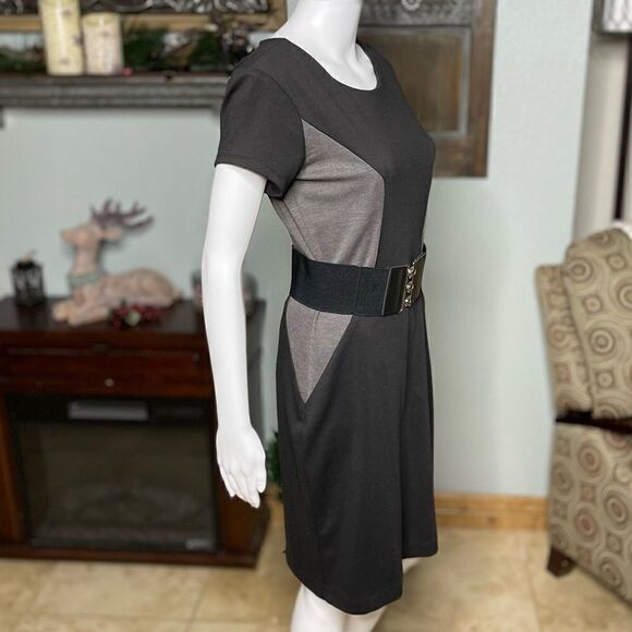 Roulette Black Gray Colorblock Side Panels Short Cap Sleeves Belted Dress Size 4 - Picture 7 of 15